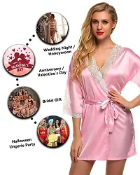 Fihana Above Knee Women Satin Kimono Robe V-Neck Honeymoon Nightwear Gown for Women with Matching Bikini Set-thumb2