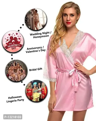 Fihana Above Knee Women Satin Kimono Robe V-Neck Honeymoon Nightwear Gown for Women with Matching Bikini Set-thumb3