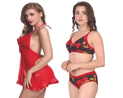 Fihana Net Lace Babydoll Nightwear for Honeymoon with Stylish Bra Panty set for women & Girls, Combo Set of 57-thumb3