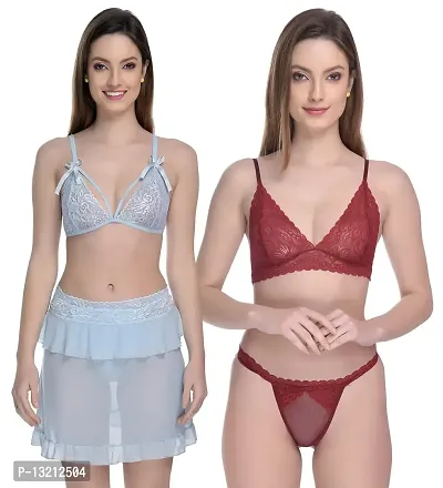 Fihana Spandex Net Lace Women Babydoll Top Skirt Chemise Nighty with Bikini Bra Panty Set for Honeymoon Combo Pack of 2.