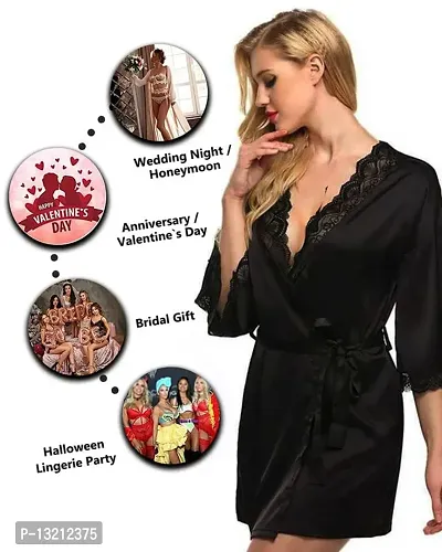 Fihana Women Net Lace Solid Babydoll Robe Nightgown Lingerie, Honeymoon Night Dress in Black Color, Small to 3XL-thumb3