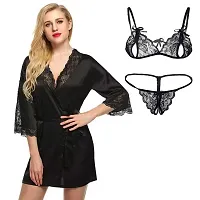 Fihana Stylish Sexy Women Satin Robe Nighty with Matching lace Bra Panty Set Women Babydoll Night Gown Combo Nightwear Set Black-thumb1