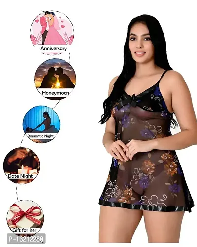 Fihana Women's Net Lace Above The Knee Babydoll Lingerie, Honeymoon Nightwear with Matching Panty, Small to 3XL-thumb4