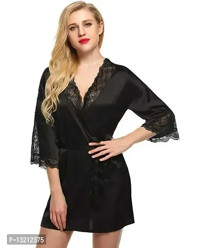 Fihana Women Net Lace Solid Babydoll Robe Nightgown Lingerie, Honeymoon Night Dress in Black Color, Small to 3XL-thumb0