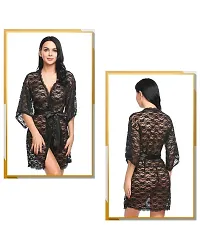 Fihana Women Net Lace Solid Babydoll Robe Nightgown Lingerie, Honeymoon Night Dress in Black Color, Small to 3XL-thumb4