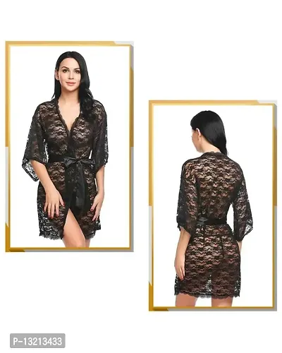 Fihana Women Net Lace Solid Babydoll Robe Nightgown Lingerie, Honeymoon Night Dress in Black Color, Small to 3XL-thumb5