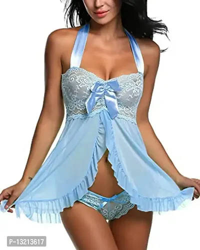 Fihana Spendex Women Babydoll Lingerie Nighty Honeymoon Nightwear (Small to 2XL Fits Well for Plus Size) Light Blue-thumb0