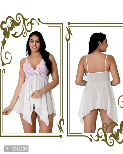 Fihana Babydoll Nightwear Lingerie with Matching G-String Panty, Nighty for Women, Baby Doll Night Dress for Honeymoon Small to 3XL White-thumb3