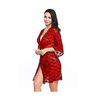 Fihana Women's Satin and Net Nighty Robe with Panty Set (Free Size)(1011-Red)-thumb1