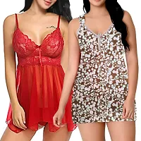 Fihana, Net Above Knee Babydoll Lingerie for Women, Honeymoon Sleepwear Nightwear Combo Pack of 2 in Red, Pink, Black, White  Green Color, Small to 3XL-thumb1