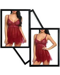 Roli Poli Womens Net Lace V-Neck Baby Doll Lingerie Sleepwear Chemise Nightwear for Honeymoon Anniversary Nights. Small to 3XL Maroon-thumb2