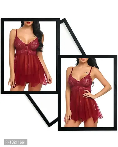 Roli Poli Womens Net Lace V-Neck Baby Doll Lingerie Sleepwear Chemise Nightwear for Honeymoon Anniversary Nights. Small to 3XL Maroon-thumb3