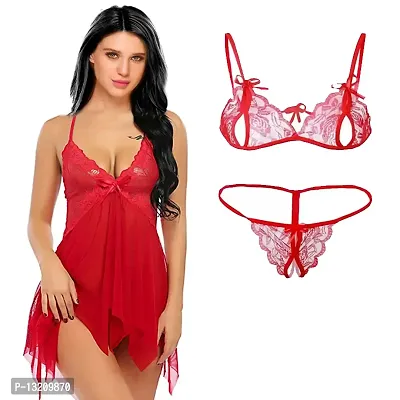Fihana Spandex Babydoll Nighty Honeymoon Lingerie Combo Pack of 2 Small to 3XL Red