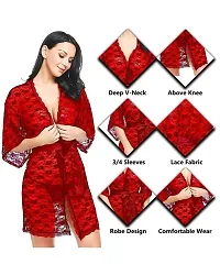 Fihana Women's Satin and Net Nighty Robe with Panty Set (Free Size)(1011-Red)-thumb3