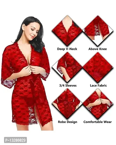 Fihana Women's Satin and Net Nighty Robe with Panty Set (Free Size)(1011-Red)-thumb4