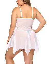 Fihana Net Lace Above Knee Babydoll Lingerie Honeymoon Nightwear Sleepwear Nighty with G-String Panty, Fits Well for Plus Size. White-thumb1