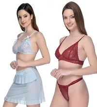 Fihana Spandex Net Lace Women Babydoll Top Skirt Chemise Nighty with Bikini Bra Panty Set for Honeymoon Combo Pack of 2.-thumb4