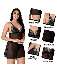 Fihana Solid Net Lace Above Knee Women's Babydolls Lingerie Chemise Sleepwear Nighty for Honeymoon Black-thumb2