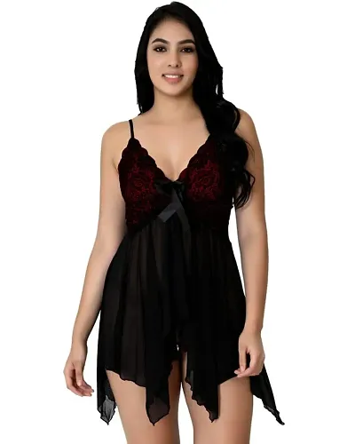 Fihana Babydoll Nightwear Lingerie with Matching G-String Panty, Nighty for Women, Baby Doll Night Dress for Honeymoon Small to 3XL