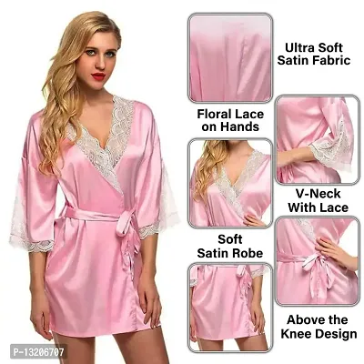 Fihana Stylish Sexy Women Robe Nighty with Matching Net Bra Panty Set Women Babydoll Combo Nightwear Set Pink-thumb3