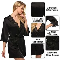 Fihana Stylish Sexy Women Satin Robe Nighty with Matching lace Bra Panty Set Women Babydoll Night Gown Combo Nightwear Set Black-thumb2