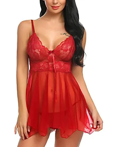 Fihana Spendex Net Womens Babydoll Lingerie for Special Nights , Sleep Wear and Honeymoon Night Wear with Matching Panty