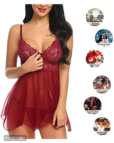 Roli Poli Womens Net Lace V-Neck Baby Doll Lingerie Sleepwear Chemise Nightwear for Honeymoon Anniversary Nights. Small to 3XL Maroon-thumb4