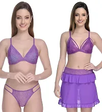 Roli Poli Spandex Net Lace Babydoll Nighty with Bra  Panty Combo, Lingerie Set for Women Small to 3XL-thumb1