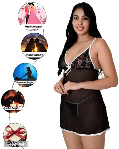 Women's Net Lace Above Knee Babydoll Nightwear |Nighty for Special Nights | Wedding Night Honeymoon & Anniversary Dress | Mesh Chemise Bikini Lingerie | Transparent Nighty | Robe Mesh Nightgown-thumb4