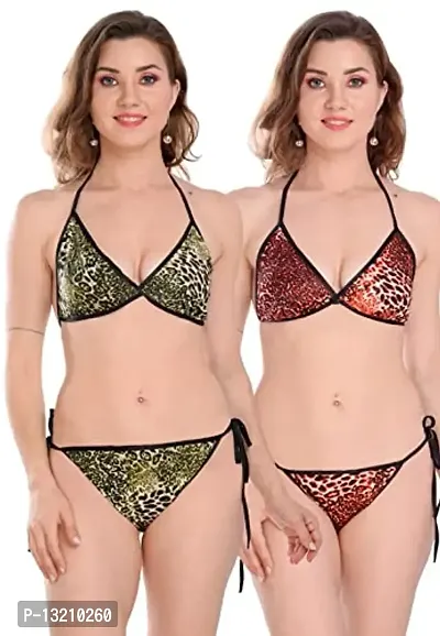 Fihana Satin Animal Print Embellished Bikini Bra & Panty Lingerie Set for Women & Girls, Fits Well For Plus Size.