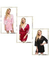 Fihana Above Knee Women Satin Kimono Robe V-Neck Honeymoon Nightwear Gown for Women with Matching Bikini Set-thumb4