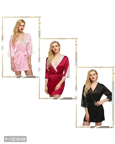 Fihana Above Knee Women Satin Kimono Robe V-Neck Honeymoon Nightwear Gown for Women with Matching Bikini Set-thumb5