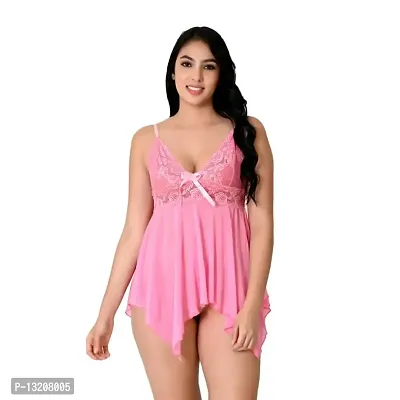 Fihana Net Lace Above Knee Babydoll Lingerie Honeymoon Nightwear Sleepwear Nighty with G-String Panty, Fits Well for Plus Size. Light Pink