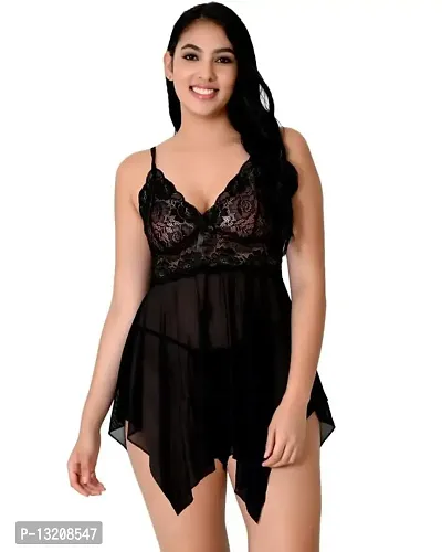 Fihana Lingerie Set for Women Honeymoon Babydoll Woman Nightwear Dress Small to 3XL Black-thumb0