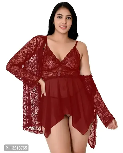 Fihana Net Spandex Lycra Women Babydoll Lingerie Nighty 2 Piece in Black, Red, Maroon Color Lingerie Baby Doll for Women Small to 3XL-thumb0