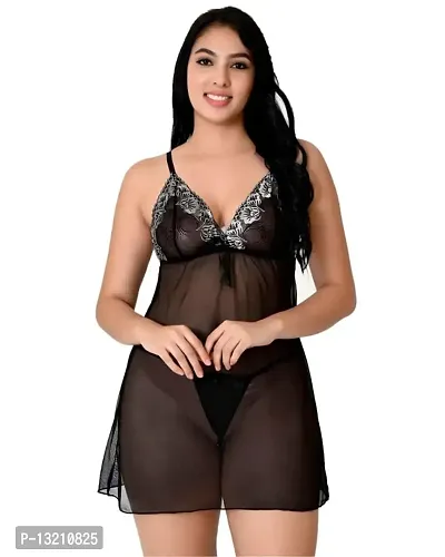 Fihana Solid Net Lace Above Knee Women's Babydolls Lingerie Chemise Sleepwear Nighty for Honeymoon Black-thumb0