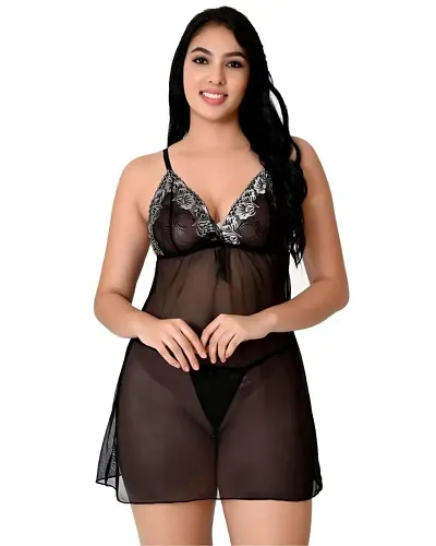 Fihana Women Solid Spandex Net Lace Above Knee Baby Doll Nightwear Lingerie Sleepwear Nighty