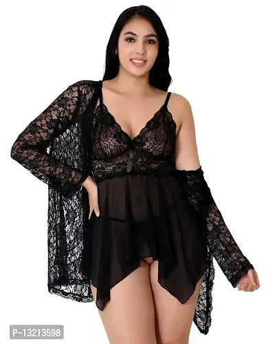 Fihana Net Spandex Lycra Women Babydoll Lingerie Nighty 2 Piece in Black, Red, Maroon Color Lingerie Baby Doll for Women Small to 3XL-thumb0