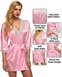 Fihana Above Knee Women Satin Kimono Robe V-Neck Honeymoon Nightwear Gown for Women with Matching Bikini Set-thumb1