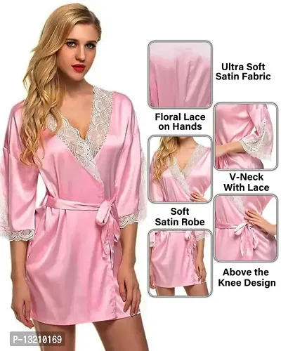 Fihana Above Knee Women Satin Kimono Robe V-Neck Honeymoon Nightwear Gown for Women with Matching Bikini Set-thumb2