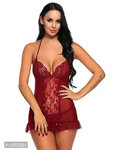 Fihana Womens V Neck Net Lace Babydoll Lingerie for Women, Sleepwear for Honeymoon, First Night, Anniversary Nightdress Small to 3XL