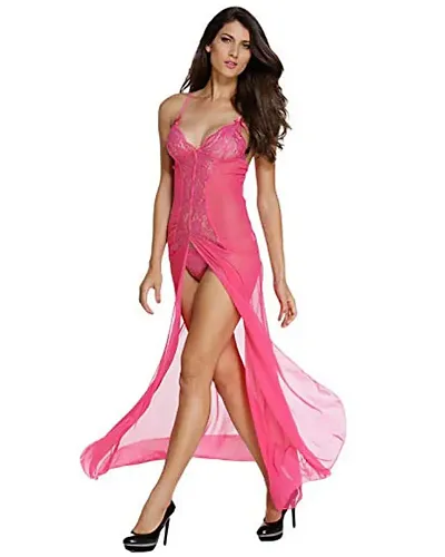 Fihana, Women's Net Lace Solid Babydoll Lingerie Night Gown for Honeymoon Night, Red, Pink, Color, S to 3XL