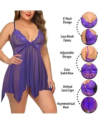 Fihana Net Lace Above Knee Babydoll Lingerie Honeymoon Nightwear Sleepwear Nighty with G-String Panty, Fits Well for Plus Size. Purple-thumb1