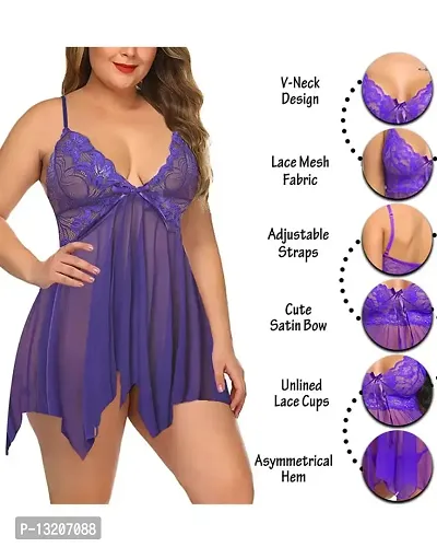 Fihana Net Lace Above Knee Babydoll Lingerie Honeymoon Nightwear Sleepwear Nighty with G-String Panty, Fits Well for Plus Size. Purple-thumb2