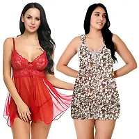 Fihana, Net Above Knee Babydoll Lingerie for Women, Honeymoon Sleepwear Nightwear Combo Pack of 2 in Red, Pink, Black, White  Green Color, Small to 3XL-thumb3