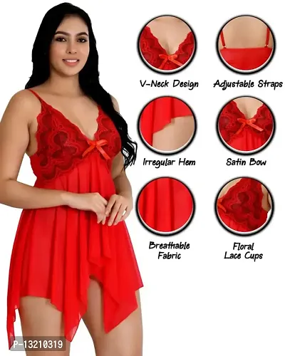 Fihana, Women Spandex Net Above Knee Babydoll Lingerie, Honeymoon Nighty in Red, Pink, Black, Blue, White & Grey Color, S to 3XL-thumb2