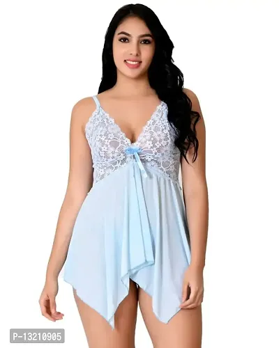 Fihana, Women Spandex Net Above Knee Babydoll Lingerie, Honeymoon Nighty in Red, Pink, Black, Blue, White & Grey Color, S to 3XL-thumb0