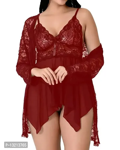 Fihana Net Spandex Lycra Women Babydoll Lingerie Nighty 2 Piece in Black, Red, Maroon Color Lingerie Baby Doll for Women Small to 3XL-thumb2