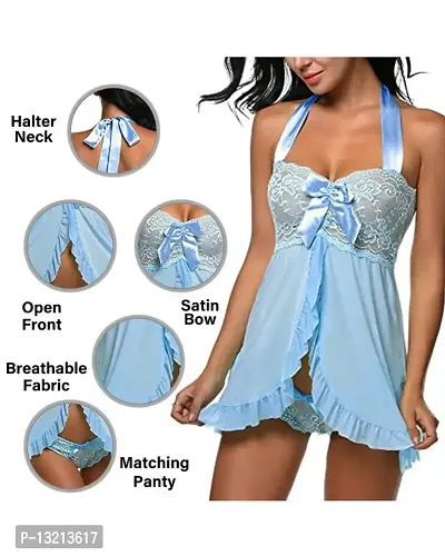 Fihana Spendex Women Babydoll Lingerie Nighty Honeymoon Nightwear (Small to 2XL Fits Well for Plus Size) Light Blue-thumb3