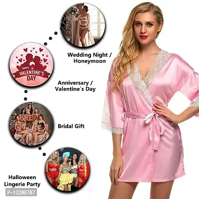 Fihana Stylish Sexy Women Robe Nighty with Matching Net Bra Panty Set Women Babydoll Combo Nightwear Set Pink-thumb4